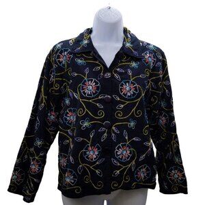 Life Style Women's linen blend blazer floral embroidery Button up size PM
